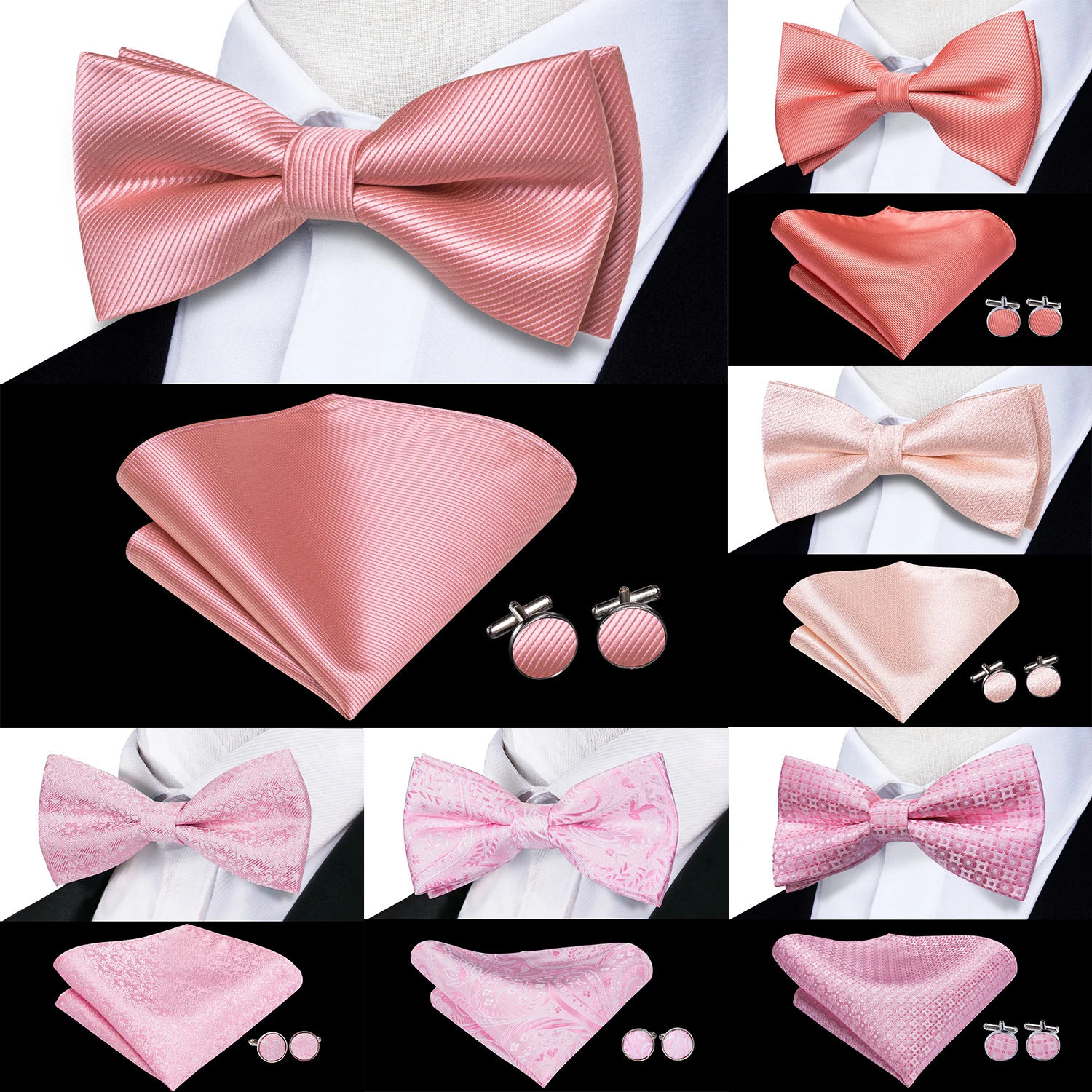 

Hi-Tie Silk Mens Bow Tie Pocket Square Cufflinks Set Peach Pink Salmon Pre-tied Butterfly Knot Bowtie for Male Wedding Business