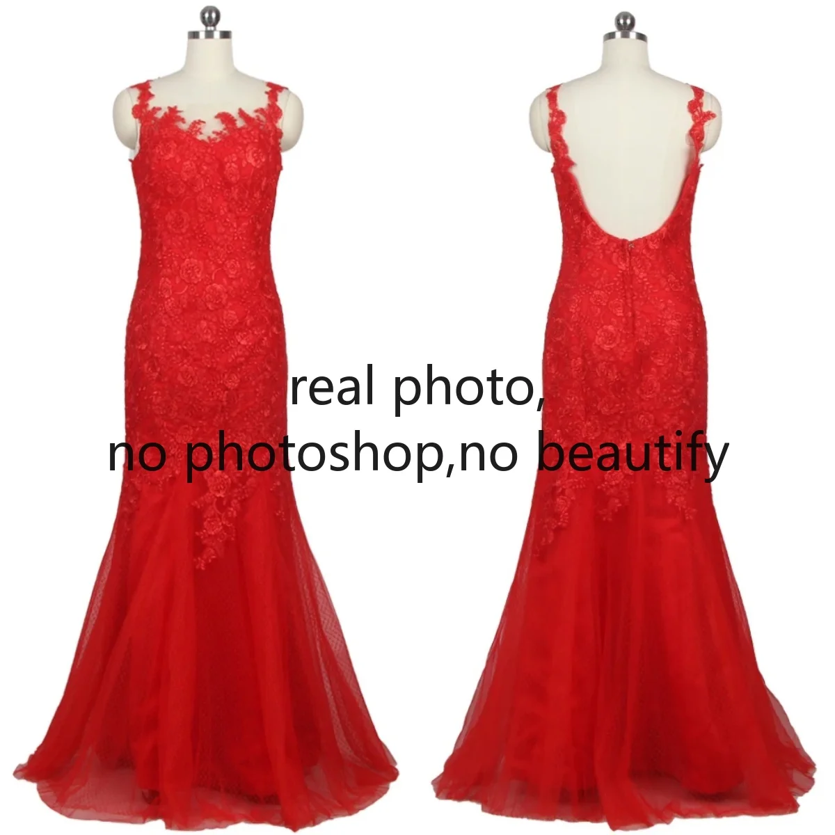 

Real Photo Evening Dress Red Embroidery O-neck Sleeveless Mermaid Trumpet Floor Length Plus size Quality Women Party Formal Gown