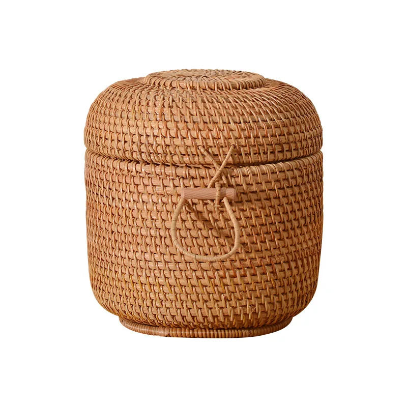 Round Rattan Woven Basket with Lid, Wicker Fruit Boxes, Decorative Tray Lids, Sundries Storage, Mini Snack Bread Organizer