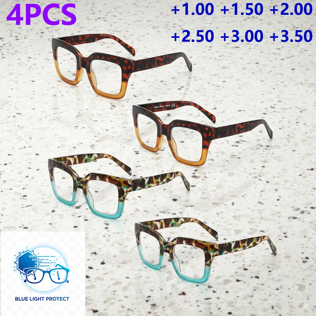 4 SZTUKI Duże Okulary do Czytania z Blokami Kolorów, Soczewki z Ochroną Przed Niebieskim Światłem, Zawiasy Sprężynowe, Antypoślizgowe, Modne i Praktyczne