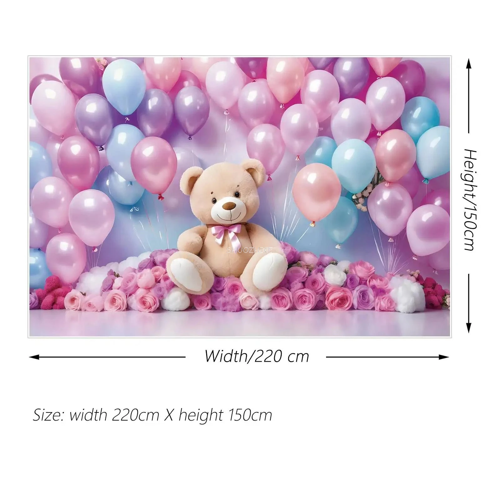 بالونات تيدي بير لعيد الميلاد الأول لمدة عام واحد، خلفية حفلة استحمام الطفل، خلفية زهور وردية، دعائم تصوير فوتوغرافي