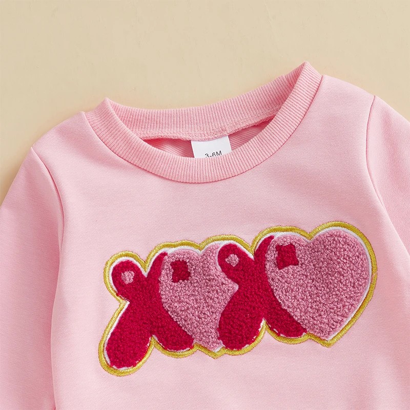 Toddler Girls Valentine s Day Sets Letter Embroidered Long Sleeve Sweatshirt Heart Print Flare Pants 2-Piece Outfits