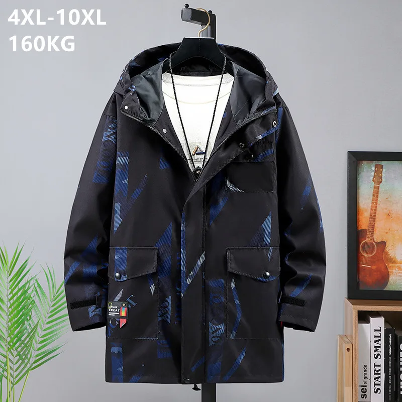 

Plus Size Windbreaker Men 10XL 9XL 8XL 7XL 6XL Big Long Jacket Hooded Loose Coats Spring Fashion Male Clothes Mid-Length Parkas