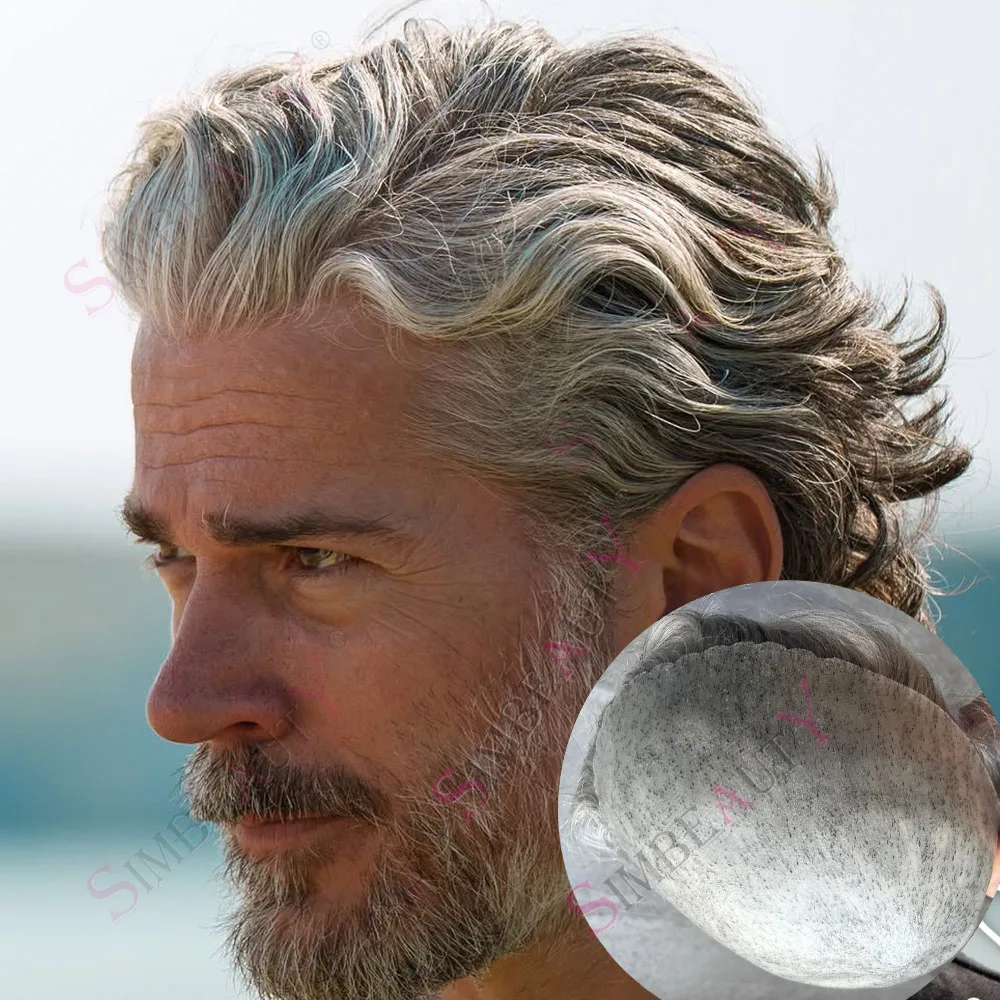 1b80 1b65 Grey Toupee For Men Human Hair Wig30mm Wavy Old Man's Capillary Prothesis Hair System Durable 0.1mm Thin Skin PU Patch