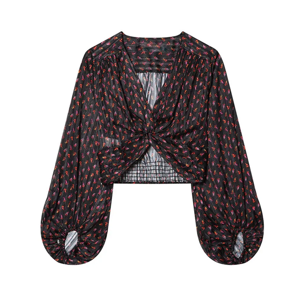 

WOMAN 2026 summer new fashionable slim fit V-neck long sleeved knot printed shirt chic retro women's pullover Blouses Mujer
