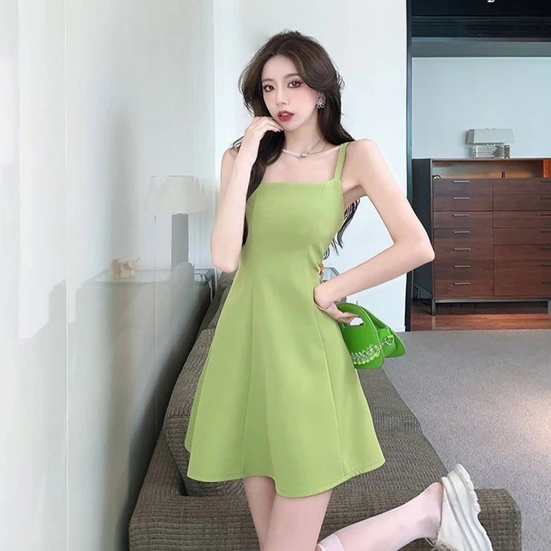 Women A-line Solid Color Adjustable Shoulder Strap Square Collar Mini Dress