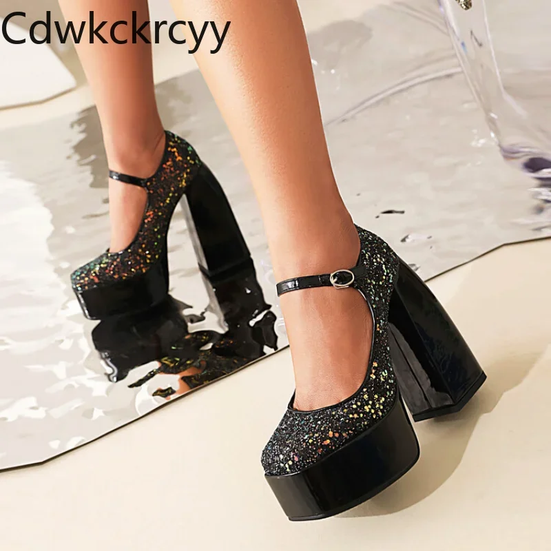 

spring autumn New styles fashion Round head high-heeled Women's Shoes black Sequin sexy party Square heel Women Shoes high 15cm