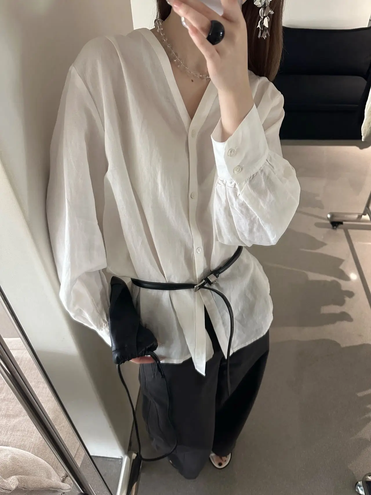 

Женская льняная рубашка Lilian Enxi с длинными рукавами, V-образным вырезом, на одной пуговице, свободного кроя, дышащая, удобная, повседневная, модная, M53