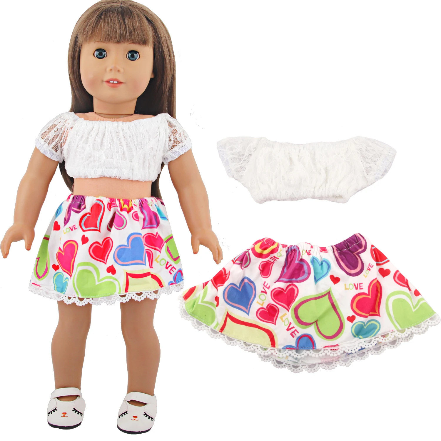 Laço fora do ombro camiseta + laço laço amor saia conjunto para 18 Polegada boneca americana, 43cm bebê recém-nascido & og menina boneca roupas menina brinquedo