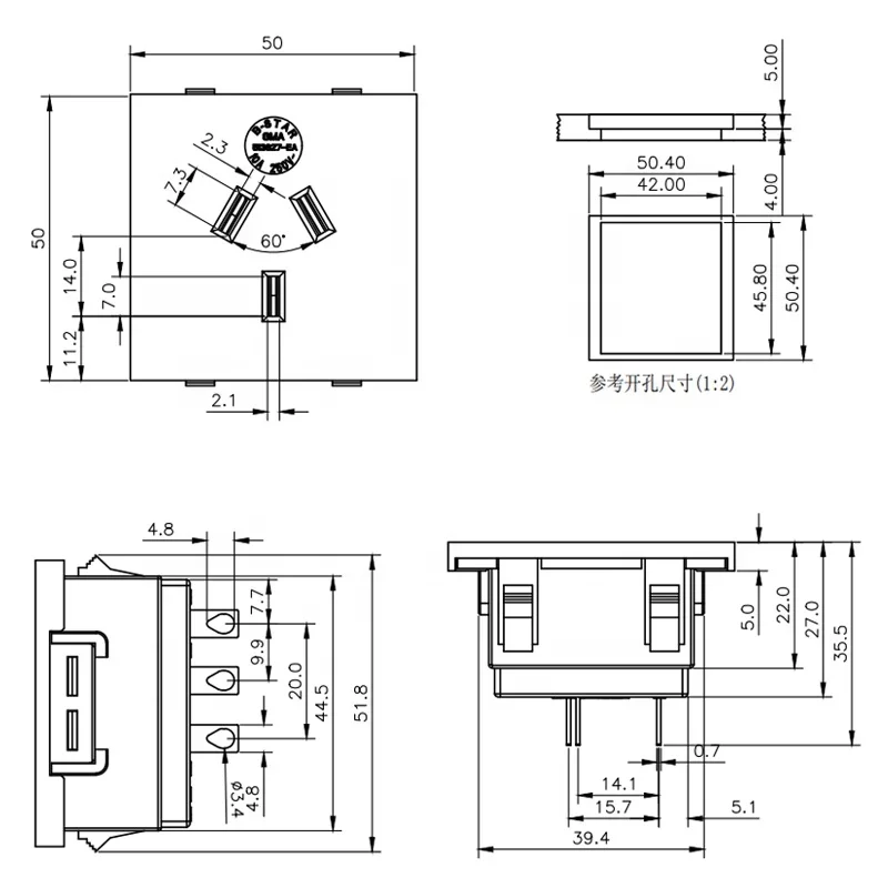 10A  250VAC Australian Socket Type-I Three Way AU Socket Outlet Wall Socket for Au China New Zealand 50cm