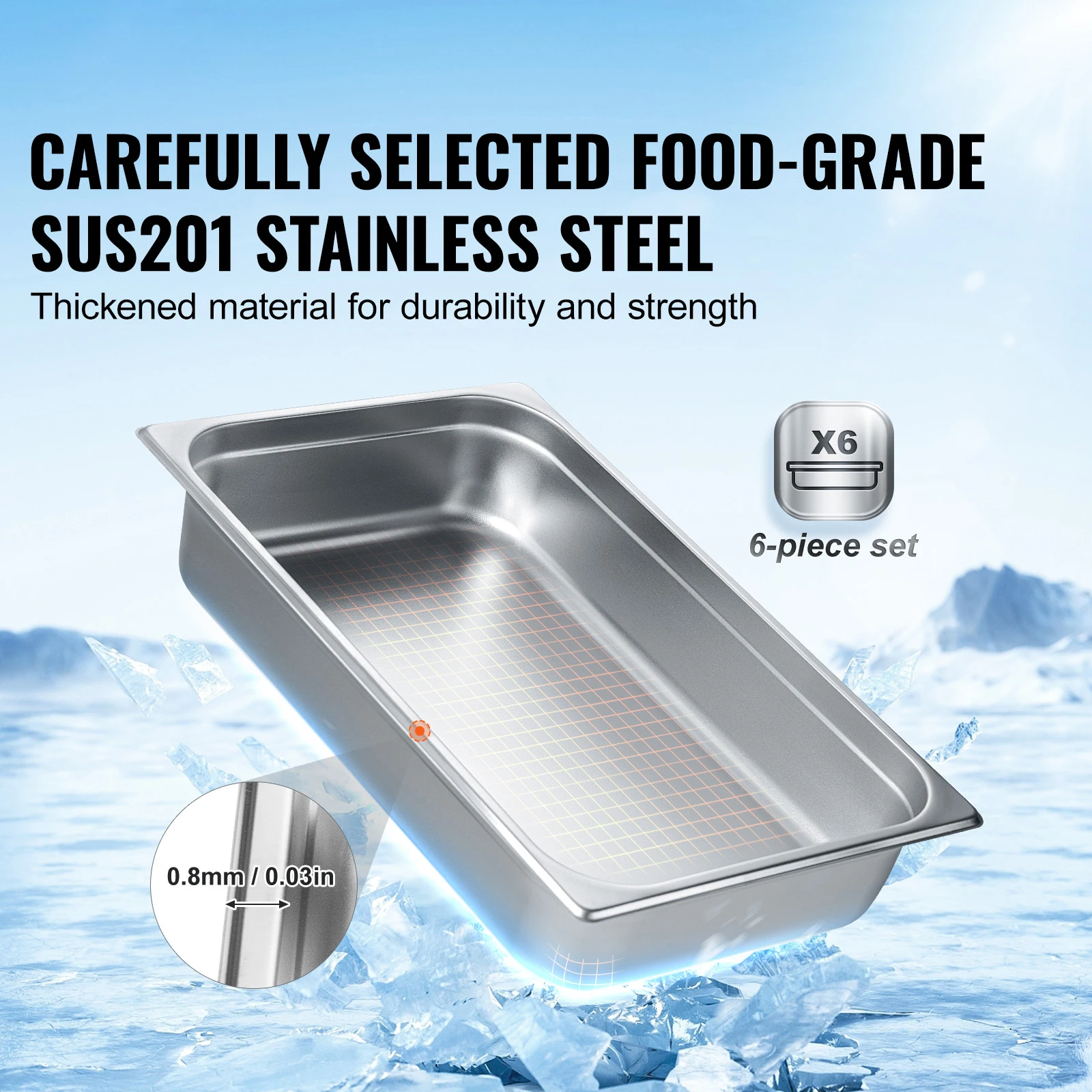 SucceBuy 6Pack Buffet Chafing Dishes 2.5"-6"Deep Steam Table Pan Full Size 0.8mm Thick Stainless Steel Catering Storage Food Pan