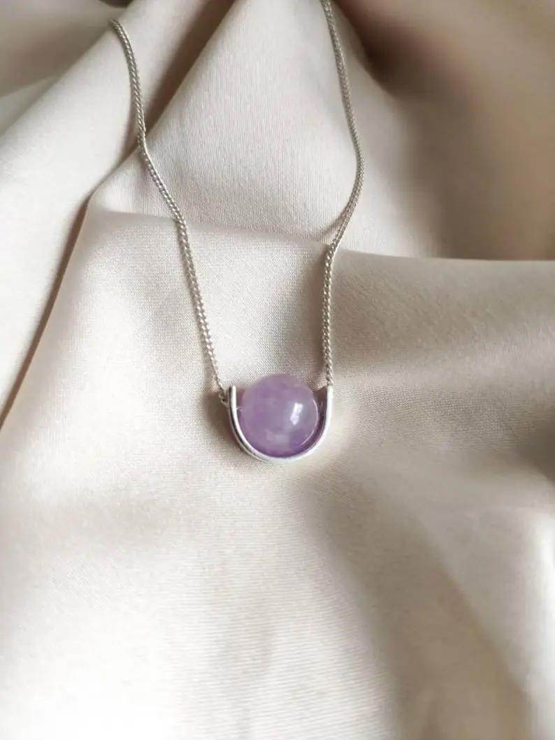 Lilac amethyst sterling silver necklace - 10mm purple gemstone fidget necklace for women, One stone minimalistic jewelry gift