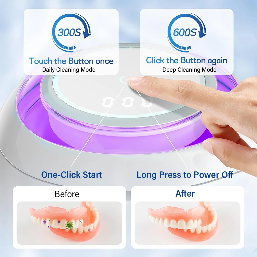 Ultrasonic Cleaner Portable Washing Machine for Dentures with UV Light Ultrasound Cleaning Bath for Denture Retainer Jewelry