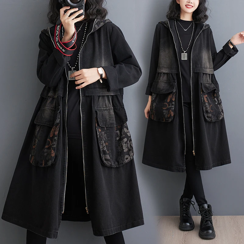 

Retro Waed Oversized Denim Jaet Early Spring Long Sve Hooded Coat Loose Fit Slimming Knee-Length Korean Casual Sle