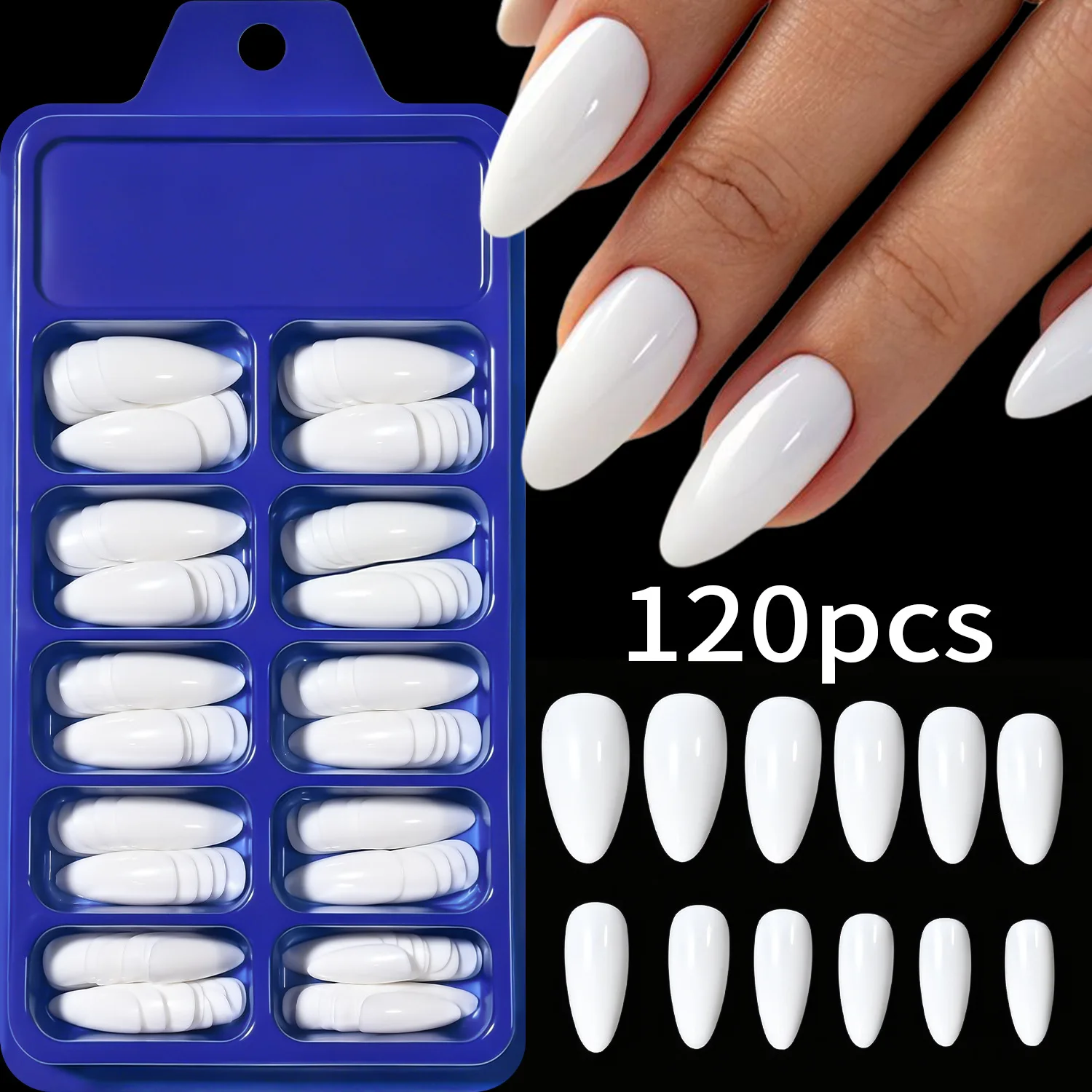 1 Boîte de 120 faux ongles brillants blanc laiteux en forme d'amande, à presser, couvrance totale, sans couture, pas de lime nécessaire