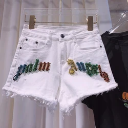 New Trendy Brand 2024 New Summer Shorts Women Elastic Comfortable High Waist Color Diamond Hot Girl Slimming White Denim Shorts