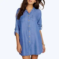 Women's Spring/Summer Fashion Elegant Solid Color Denim Shirt Flip Collar Button Long Sleeve Pocket Casual Denim Shirt