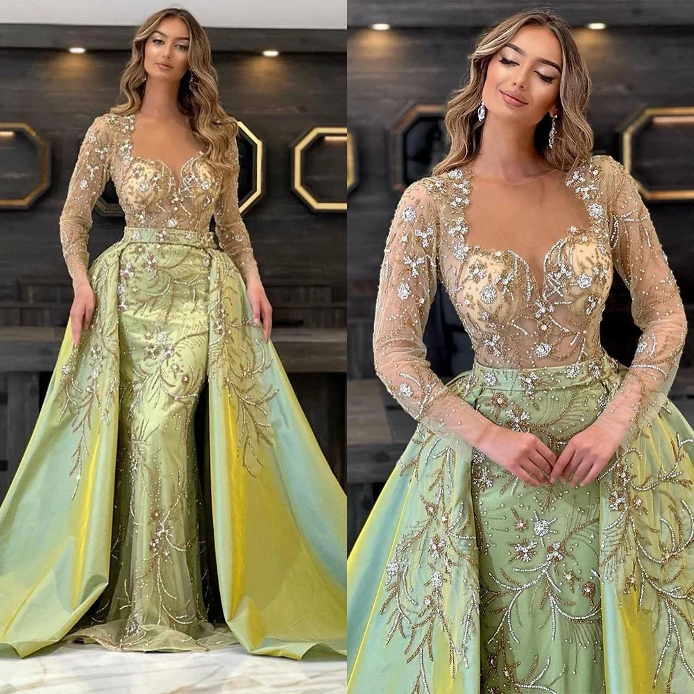 Luxurious Green  Sheer Neck Evening Dress with Train Beading Prom Dresses Custom MadeCrystals Party Gown