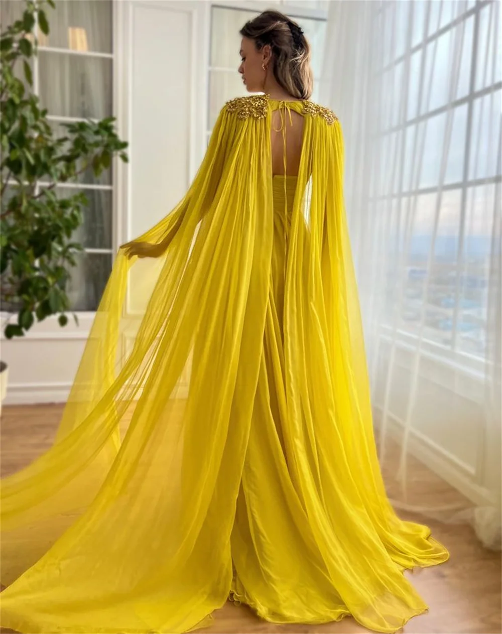 Cathy Yellow Tulle Prom Dresses Detachable Shawl A-line فساتين السهرة Elegant Sleeveless Side Split vestidos verano moda 2024