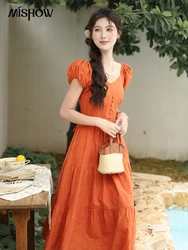 MISHOW 100 Cotton Orange Embroidered French Dress Women 2024 Summer V Neck Mid Length Dress Solid Loose A-line Dress MXD29L1931