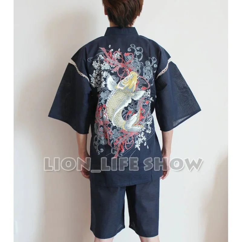 Summer men Japanese Jinbei kimono carp short sleeve pants sleepwear pajama homewear