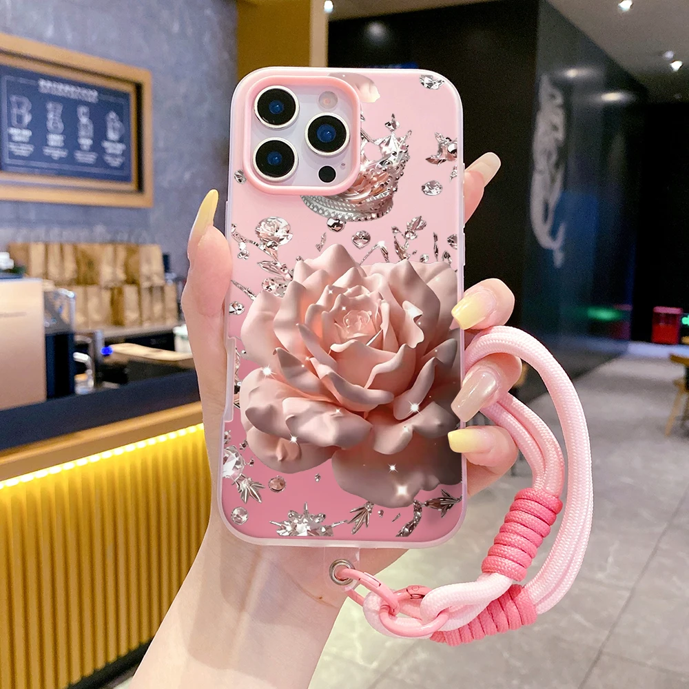 2 in1 Lanyard Jelly Phone Case Pink Rose Crown For Samsung Galaxy S26 Ultra S25 S23 S24 FE A57 A56 A54 A55 A17 A16 A07 5G Cover