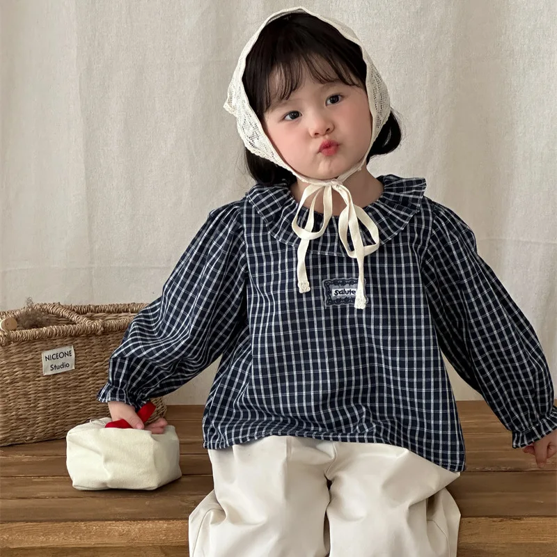 

Girl's Shirt 2025 Autumn New Children's Clothing Korean Style Girl Baby Foreign Style Label Blue Box Shirt Casual Simple Daily