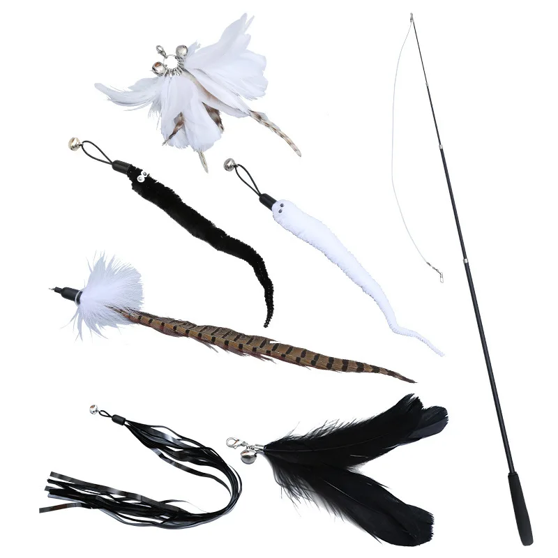 7PC Replacement Cat Feather Toy Cat Stick With Bell Cat Feather Teaser Wand Pet Kitten Interactive Toy Retractable Fishing Road