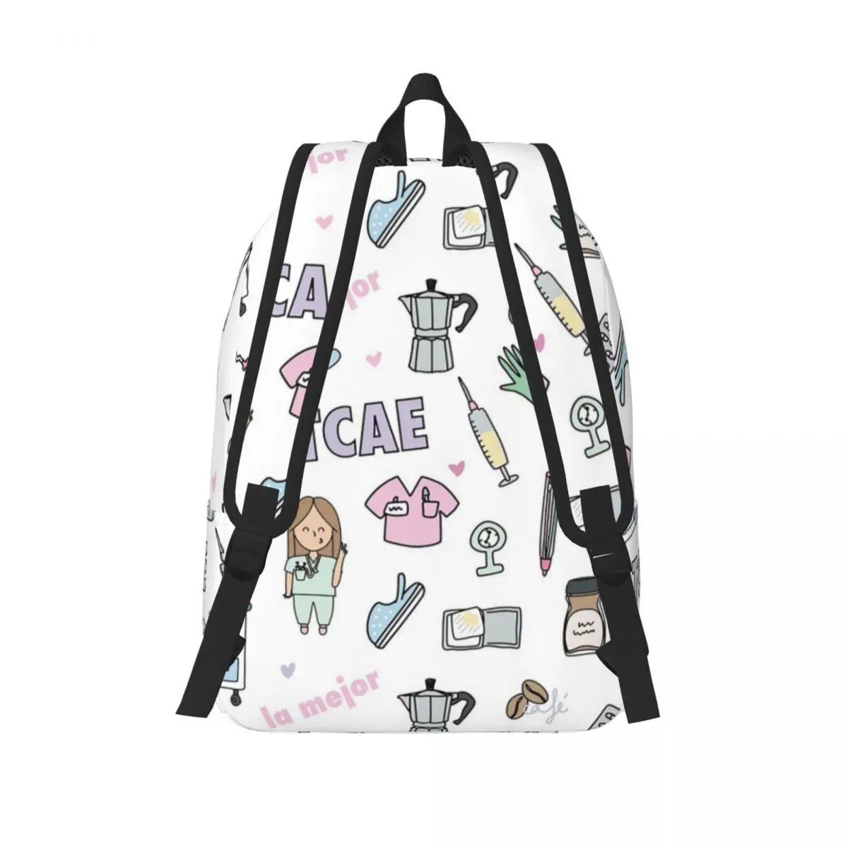 Cartoon Doctor Nurse Enfermera En Apuros Canvas Backpack for Women Men School College Student Bookbag Fits 15 Inch Laptop Bags