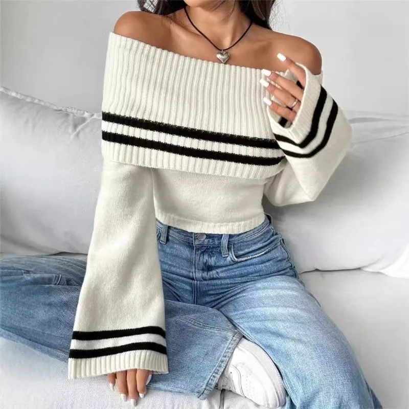 

Women's Casual Slash Neck Exposed Navel Sweater Temperament Commuting Autumn 2024 New Fashion Female Crop Knitted Top Pullover