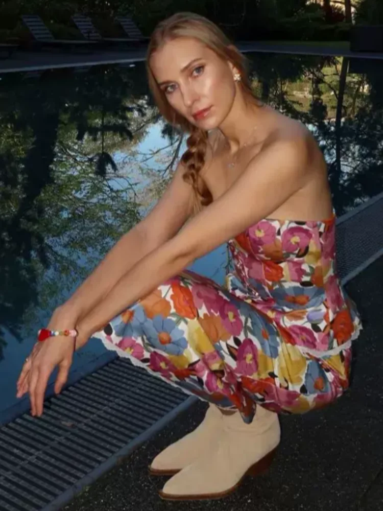 Floral Print Women's Maxi Skirt Set Strapless Corset Top Waist Cinched Back Slit Midi Skirt Summer Trendy Vacation Lady Outfit