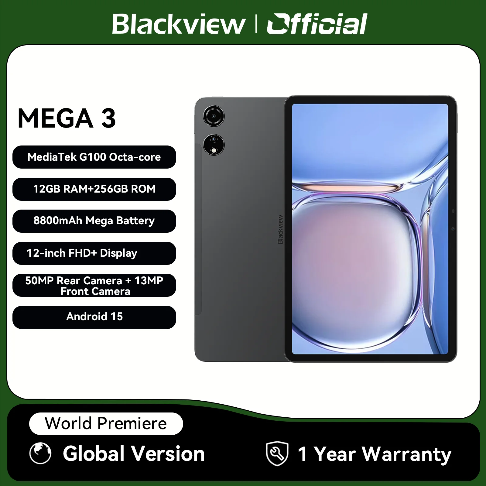Планшетный ПК Blackview MEGA 3 12,1 дюйма, 2,5 тыс. FHD+, дисплей MTK G100, восьмиядерный процессор, 12 ГБ, 256 ГБ, 8800 мАч, 50 МП, камера, 33 Вт, зарядное устройство, Android 15 Pad