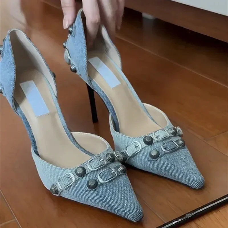 Kobiety Denim Pasek Klamra Wysokie Obcasy Koreańska Moda Czarne Seksowne Czółenka Sandały Szpiczaste Szpilki Cienkie Obcasy Party Dress Casual Shoes