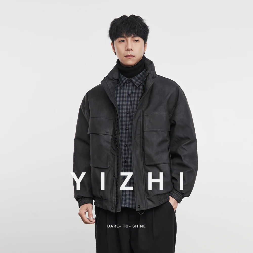 

American Retro Workwear Leather Down Jacket 2025 Autumn Winter Men's Loose Stand Collar Multi-Pocket 90 White Duck Down Jacket