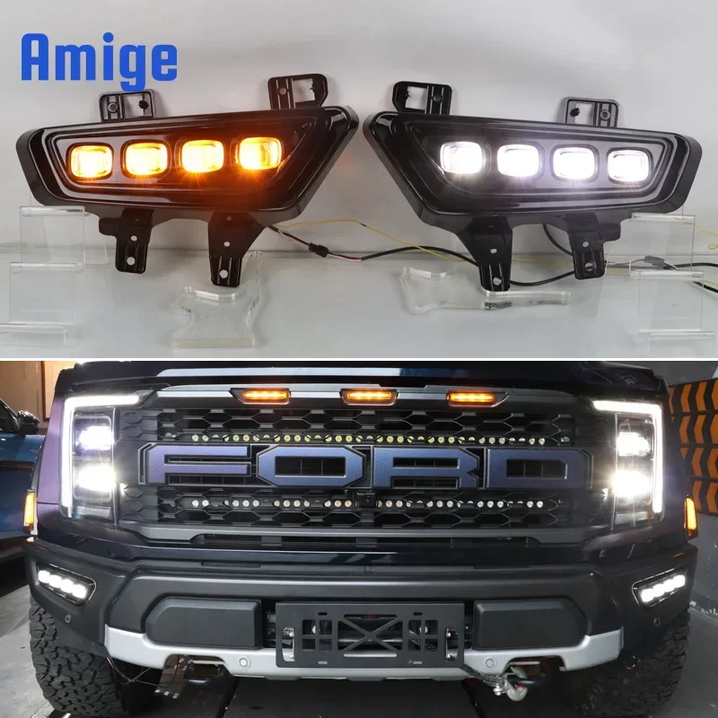 

Автомобильные светодиодные DRL дневные фонари для Ford Raptor SVT F-150 2022 2023, желтый указатель поворота, дневные ходовые фары, автосторонняя лампа, противотуманная лампа