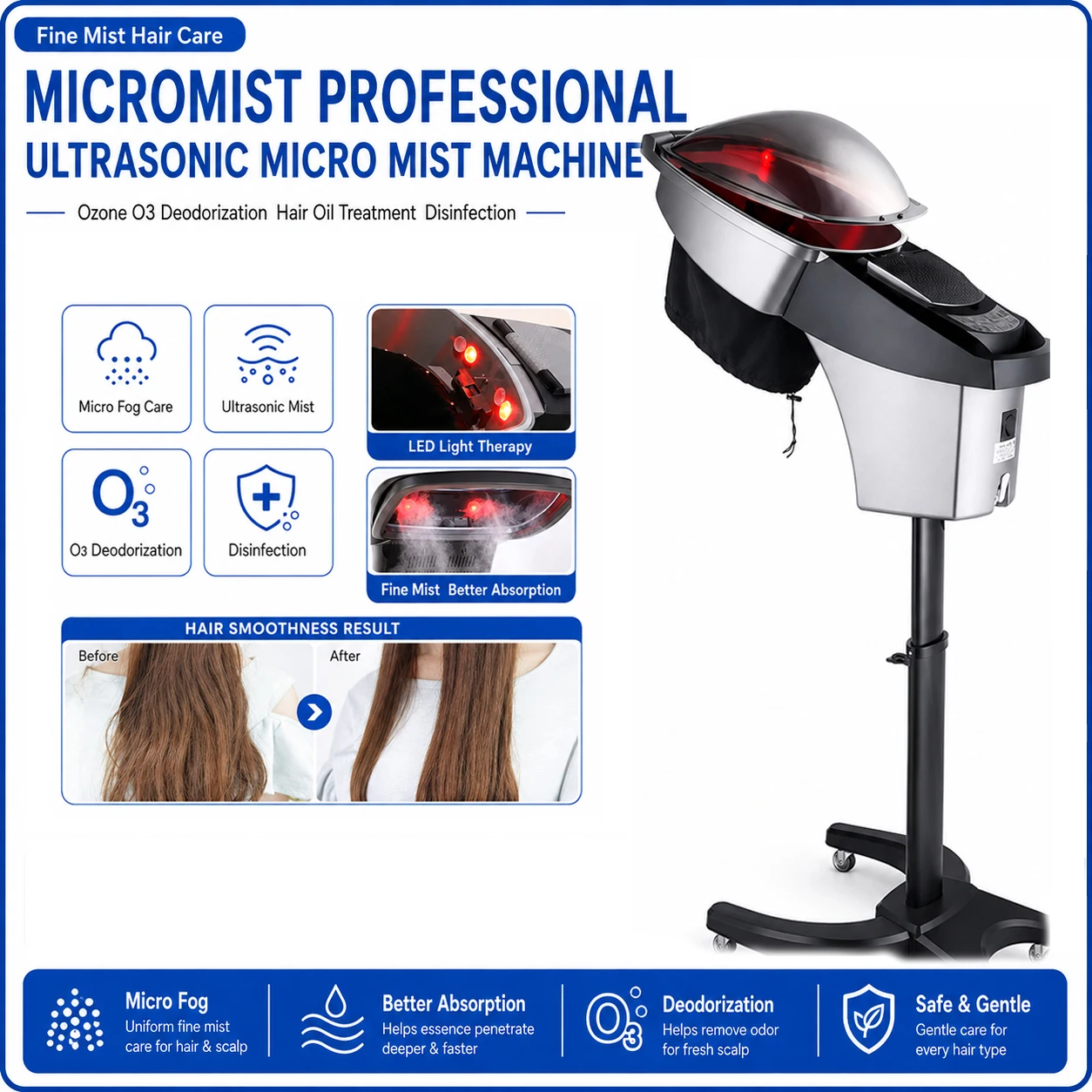 Multifunctional 6-in-1 O3 Ozone Nano Micro Mist Hair Steamer Helmet Hood Oil Baking LED Light Care Repair Equipment Spa Salon