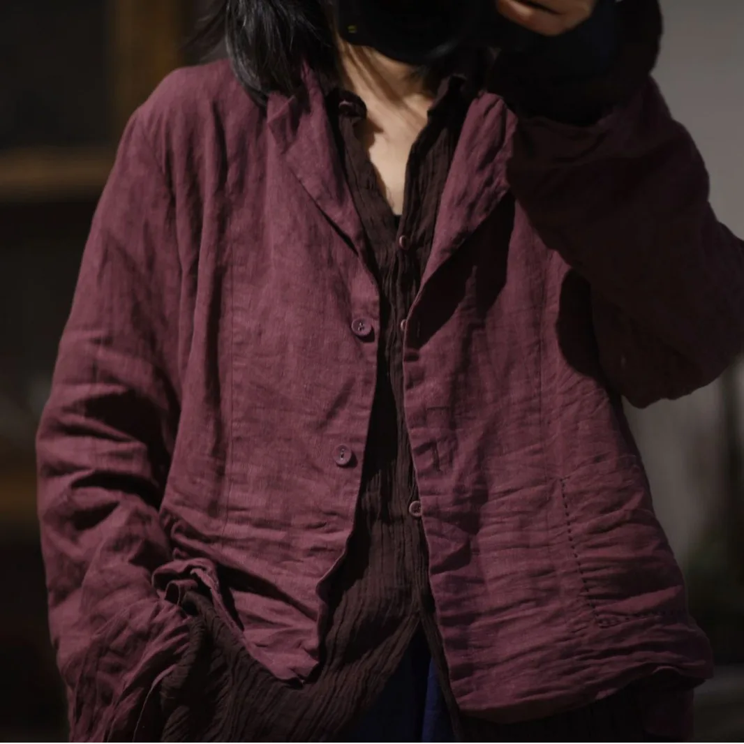 

Женский льняной жакет свободного кроя с длинными рукавами и воротником, оригинальный дизайн, эффект потертости, повседневный, художественный стиль, верхняя одежда для женщин, размер S