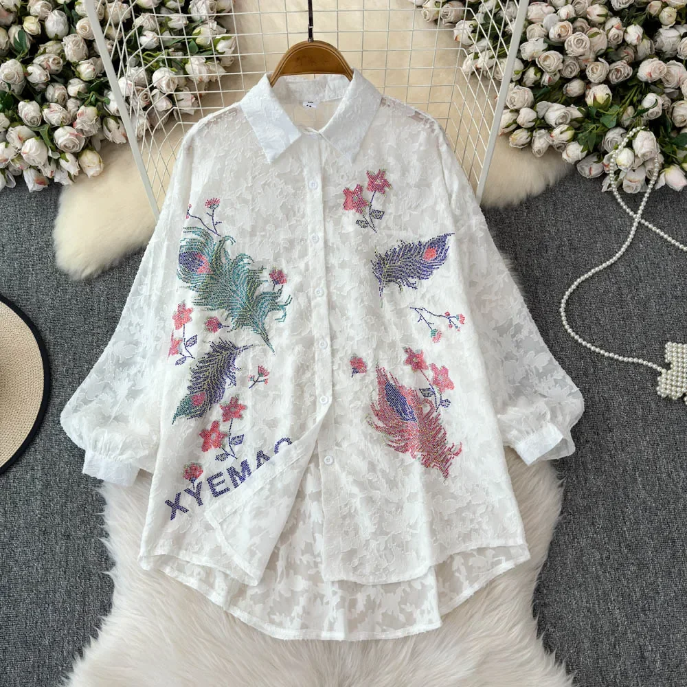 Basics Puff Sleeves Polo-neck Chic Rhinestone Sequin Embroidered Single Breasted Loose Mesh Top High Street Autumn Women Shirts