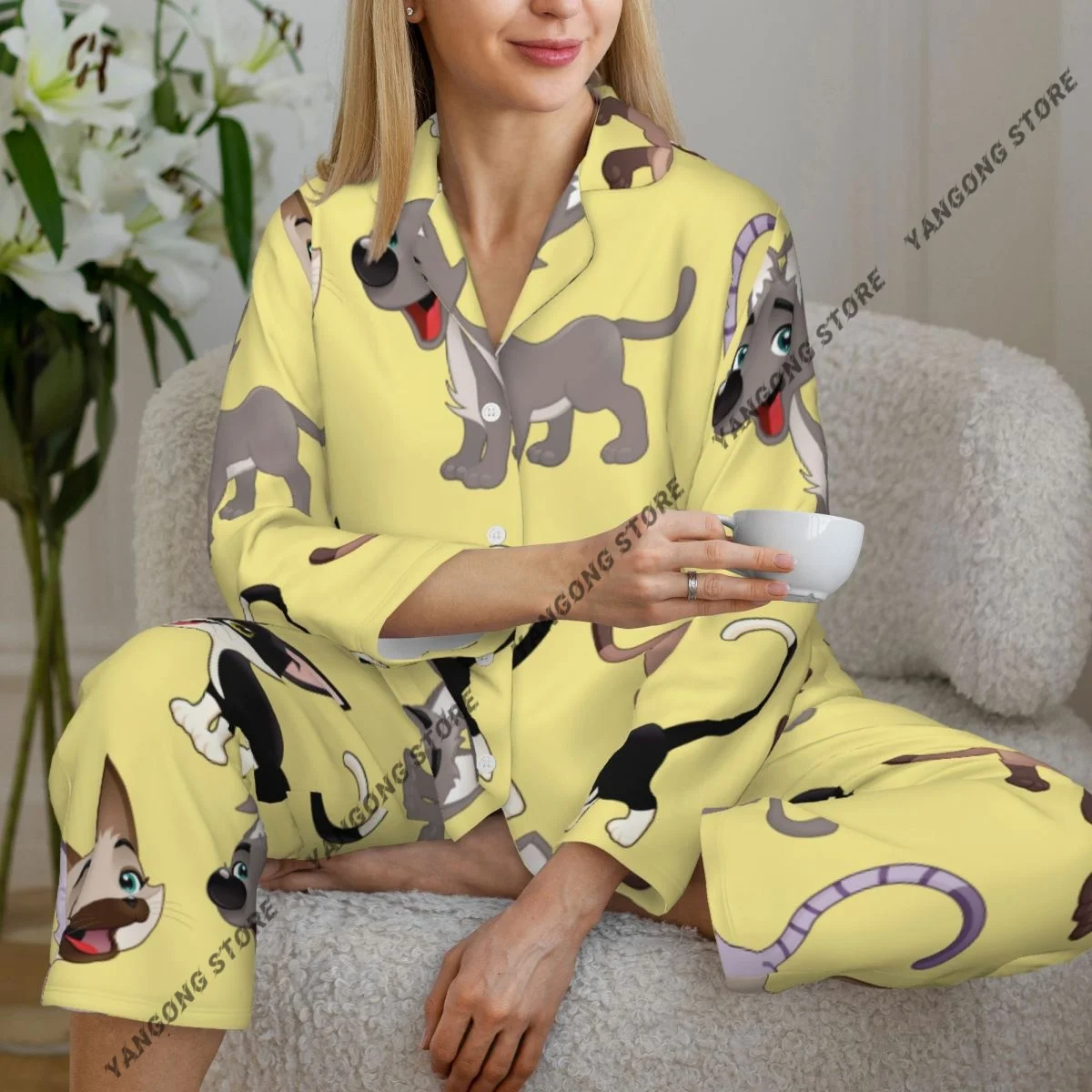 

Женские пижамы с длинными рукавами, домашняя одежда для девочек, комплект из двух предметов, пижамы с забавными кошками и собаками на осень-весну