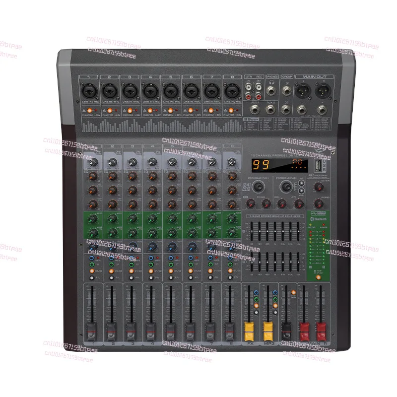 Professional Mixer 12-Channel Stage Performance Conference USB Bluetooth Monitoring Dual 7-Band EQ 99 Reverb
