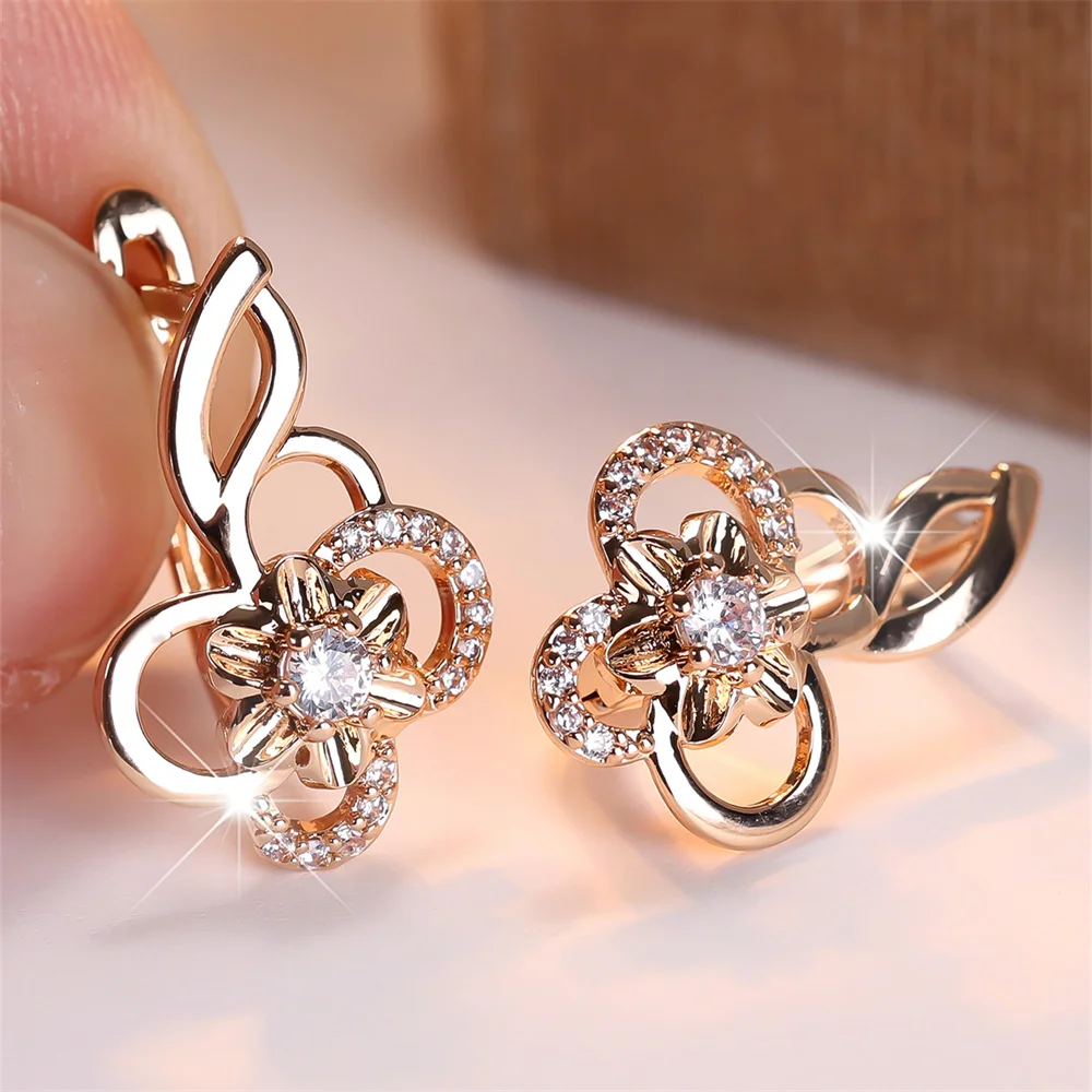 Round Stone Hollow Flower White Zircon Hoop Earrings For Women Vintage Gold Color Small Ear Buckle Wedding Jewelry Gifts