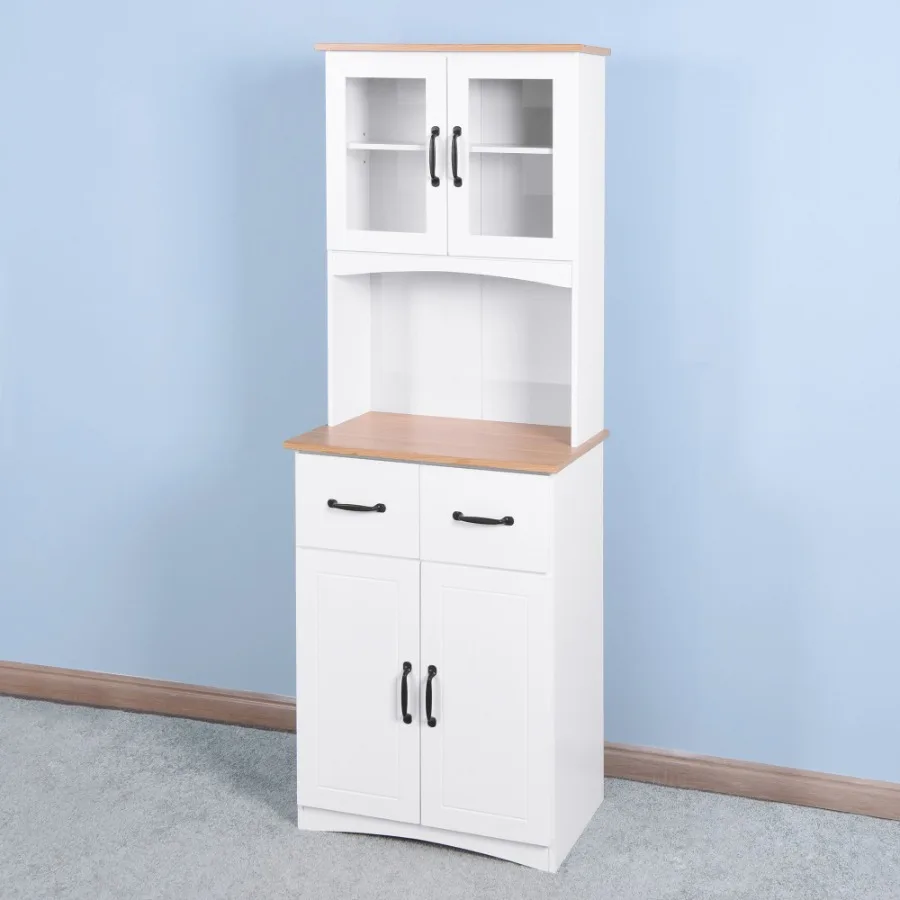 

Wooden Kitchen Cabinet White Pantry Room Storage Microwave Cabinet with Framed Glass Doors and Drawer