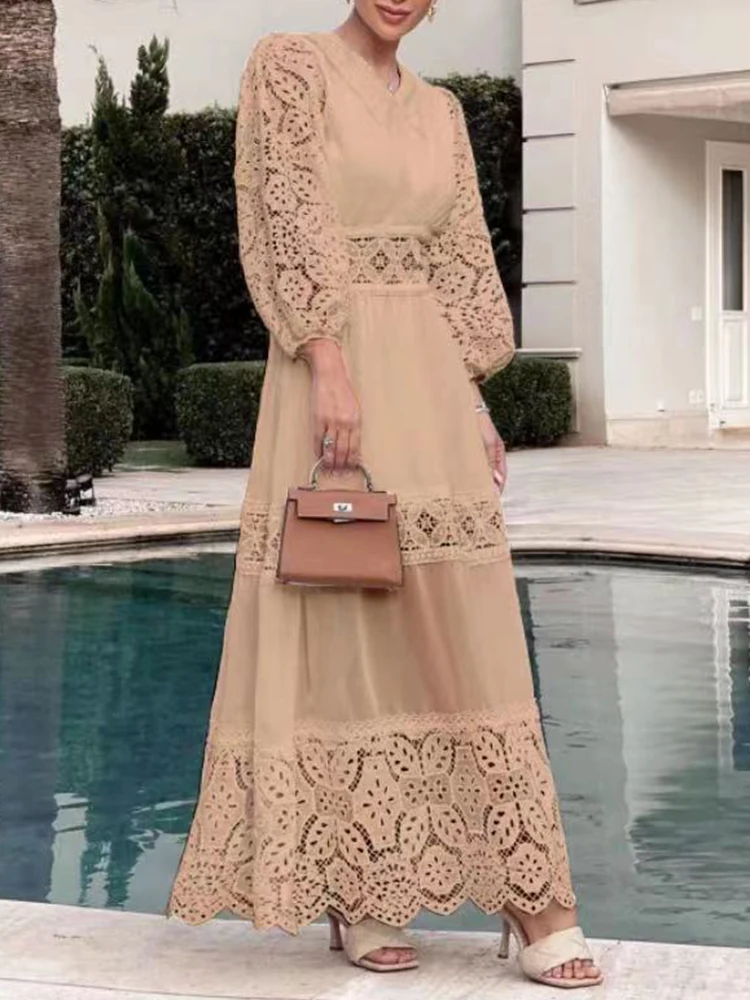 Vgh-女性のための花柄の刺繍入りカットアウトドレス,新しいファッション,ラペルランタンスリーブ,ハイウエスト,無地,エレガント,ファッショナブル