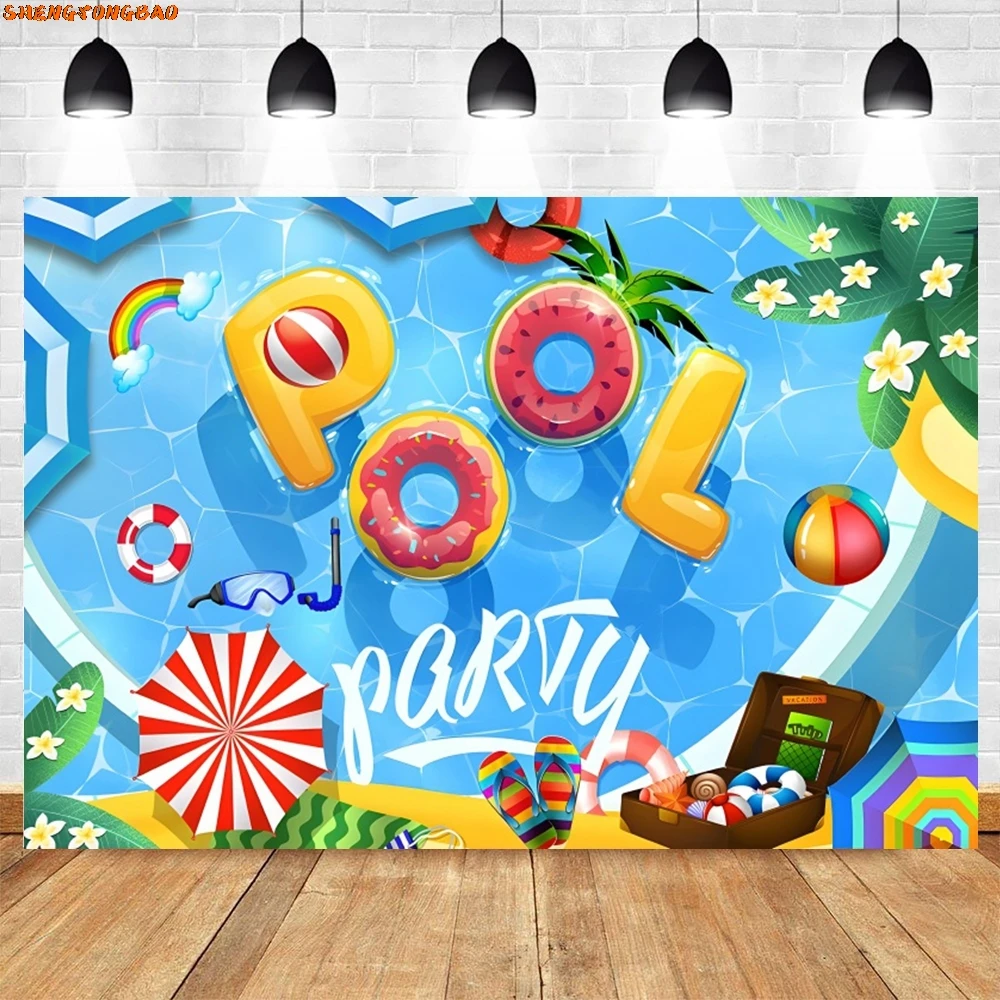 خلفية حفلة حمام السباحة هاواي الاستوائية الصيف كرات الشاطئ شجرة النخيل فلامنغو الاطفال عيد ميلاد التصوير خلفية استوديو الصور