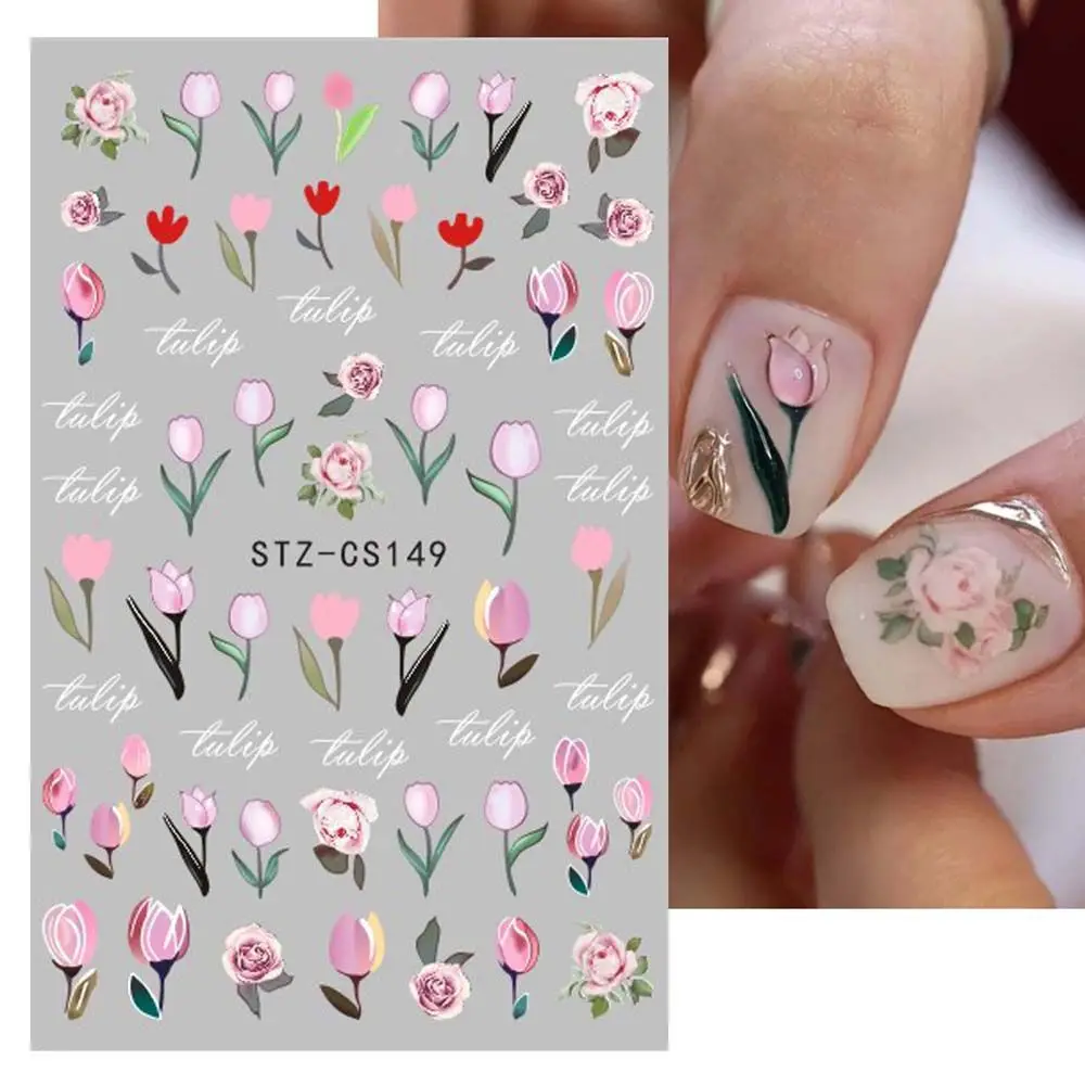 Self Adhesive Peach Summer Theme Tulip Flower Manicure Floral Nails Decals 3D Nail Sticker Nail Decoration Fruit Nail Foils