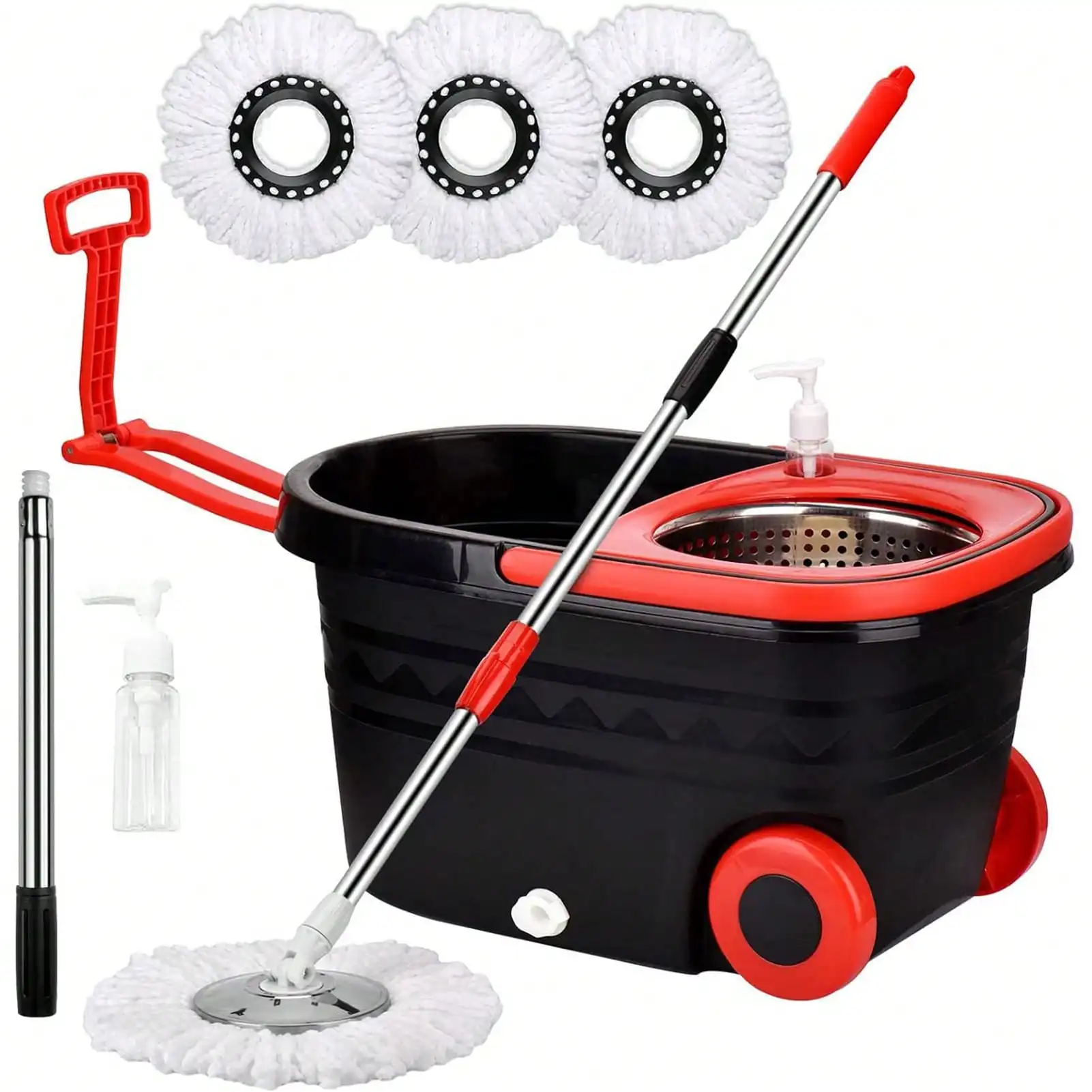 Spin Mop And Bucket With Wringer Set, Stainless Steel 360 Spinning Mop Bucket With 2X Round Wheels For Home Cleaning System With 3 Microfiber Replacement Head Refills (Black & Red)