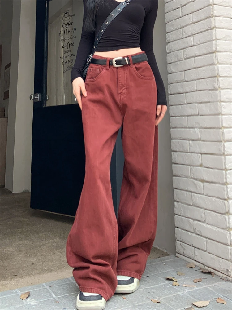 Calças de brim de perna larga feminina solta até o chão vermelho vintage all-match chique outono inverno império diário streetwear moda feminina ins