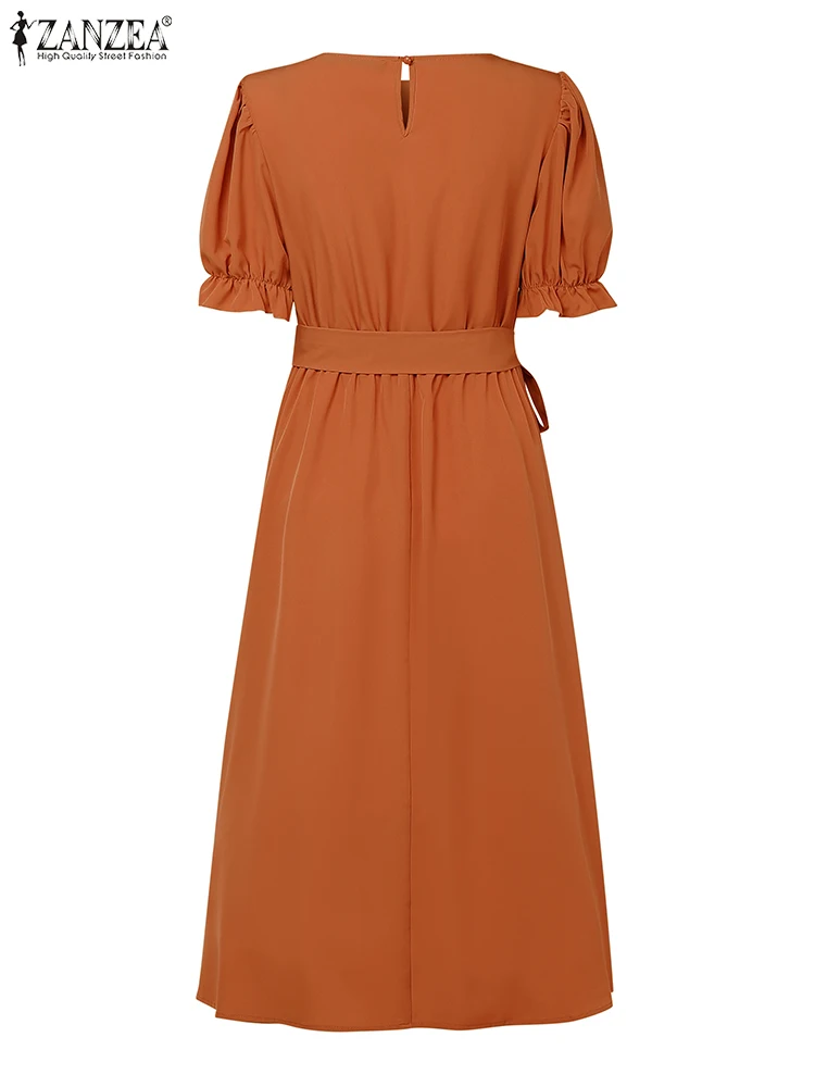 2025 ZANZEA Elegant ผู้หญิง Midi ชุดเดรสฤดูร้อน Sundress O คอสั้นพัฟแขนทํางาน Vestidos Solid A Line Dress Robe