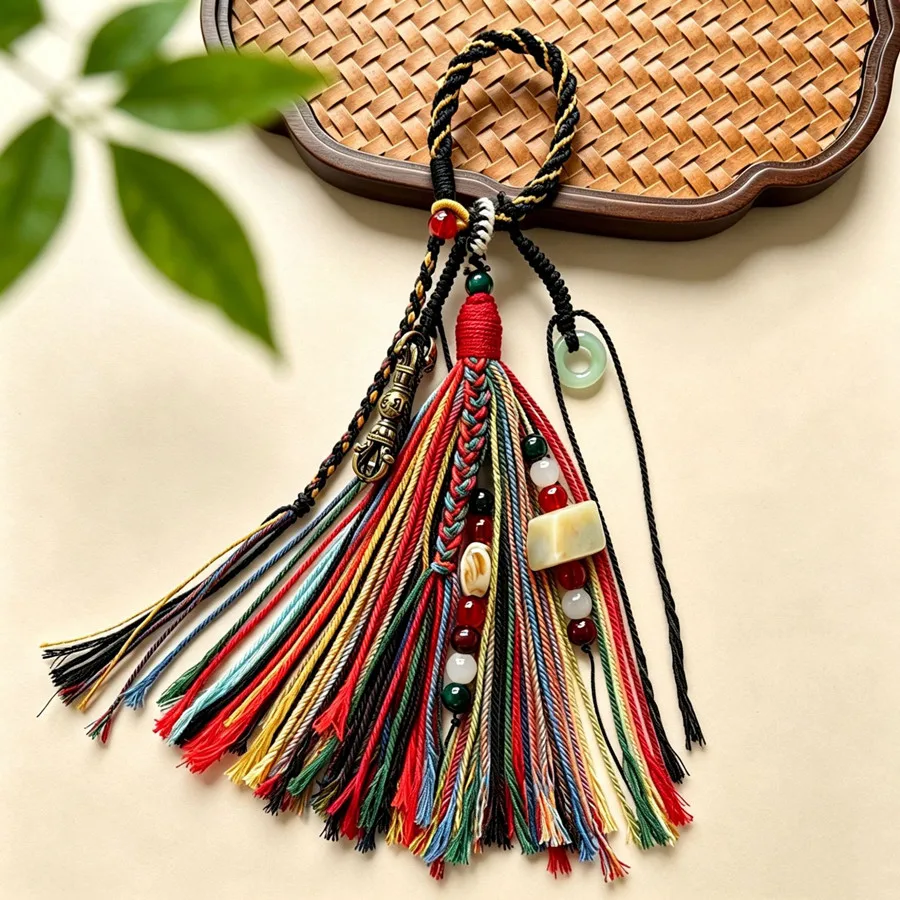 Tibetische Quaste mit Kupfermünzen und Perlen, Vajra-Stößel-Anhänger, gewebtes Lanyard, DIY-Schlüsselanhänger, Handyriemen, Taschen- und Auto-Hängeaccessoire – Detail 16
