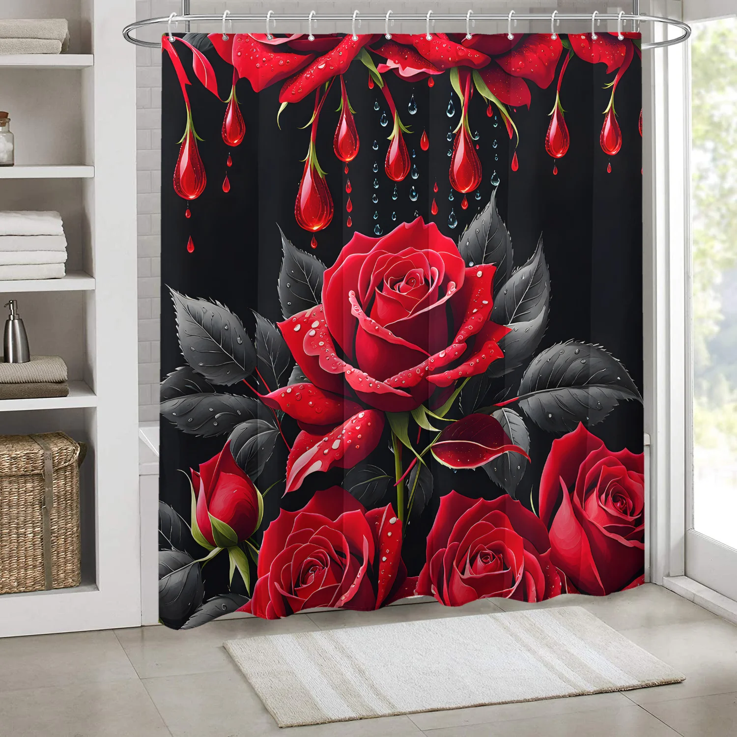 

Занавеска для душа с красной розой, черный фон, капли воды, художественный дизайн, водонепроницаемая ткань, романтический декор для ванной комнаты
